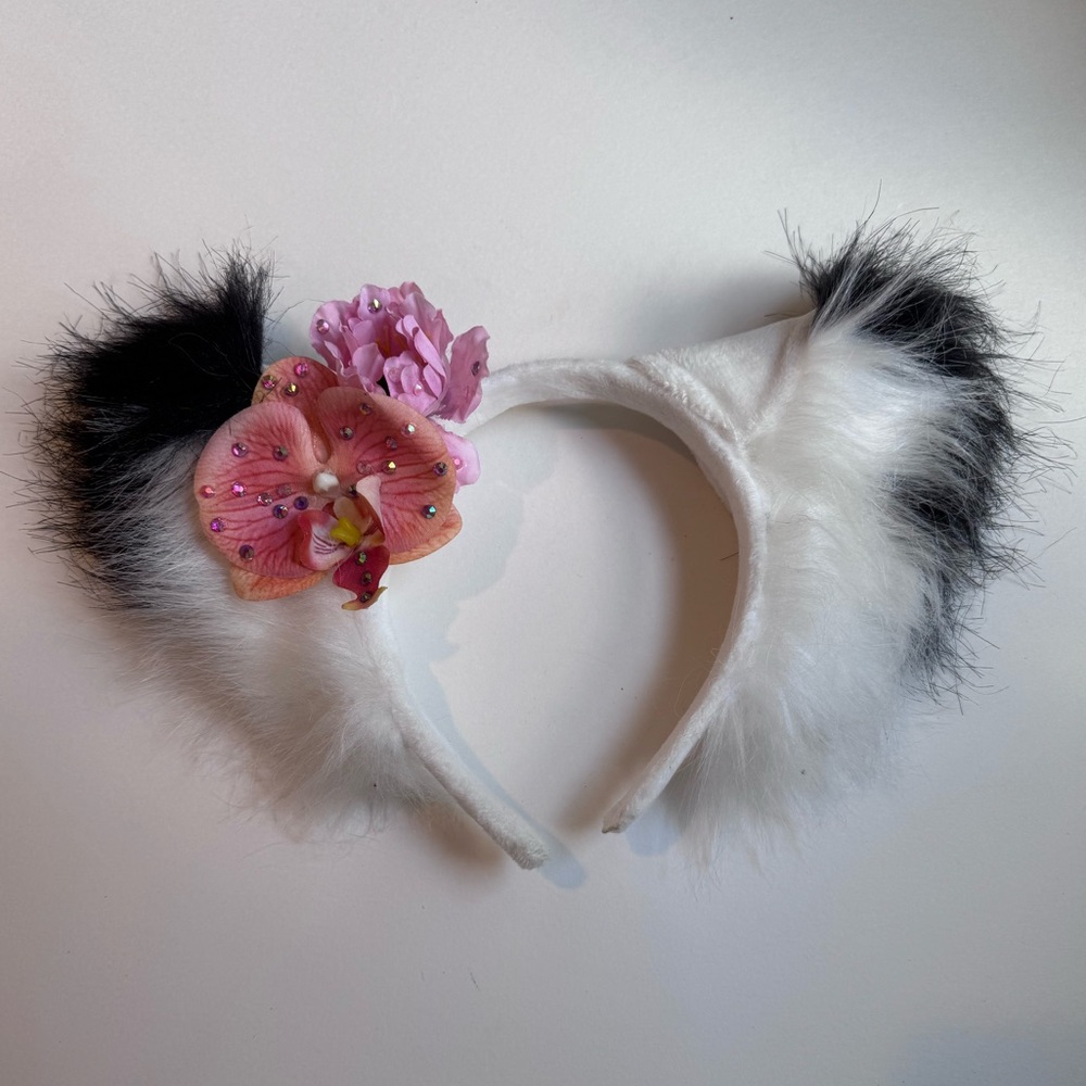 Fluffy Black and White Kitty Cat Ears with Pink Floral Accent